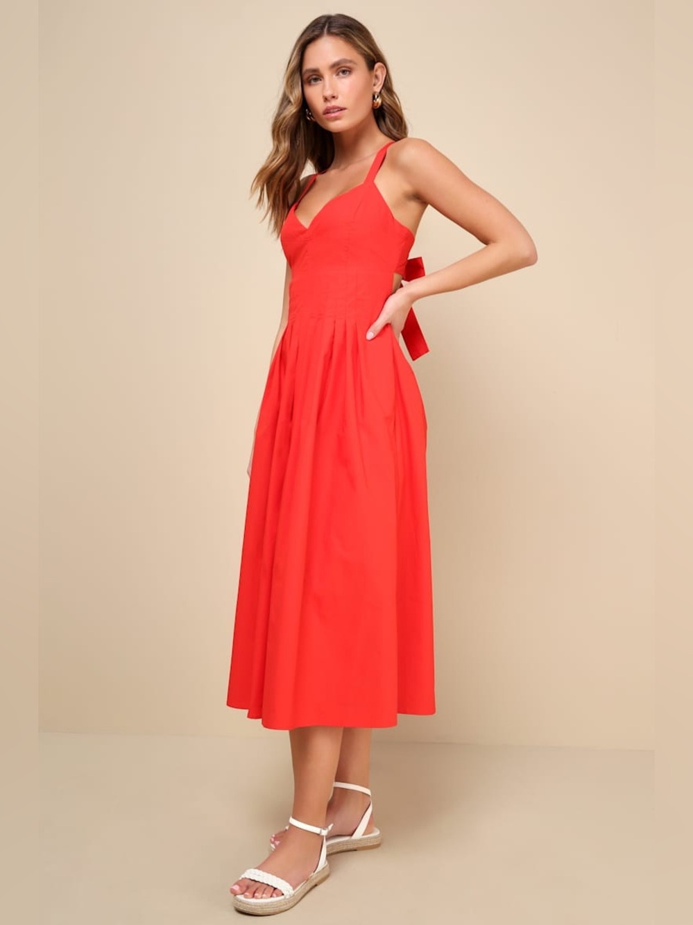 Strolling Sicily Red Pleated Backless Midi Dress With Pockets